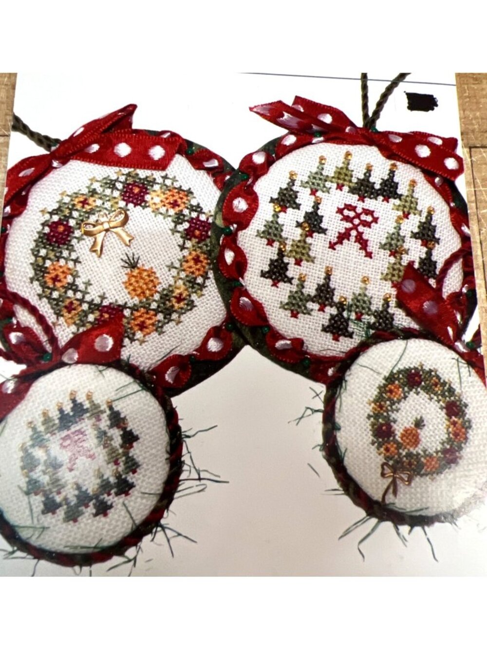 JBW Designs Wreath Ornaments I Cross Stitch Pattern With Brass Bow Charm